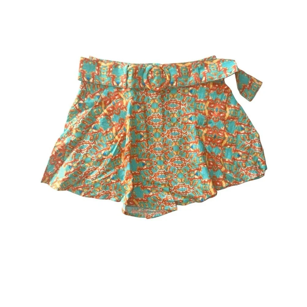 Anthropologie Moon River Belted Printed Flowy Shorts Turquoise Orange Size S NWT
